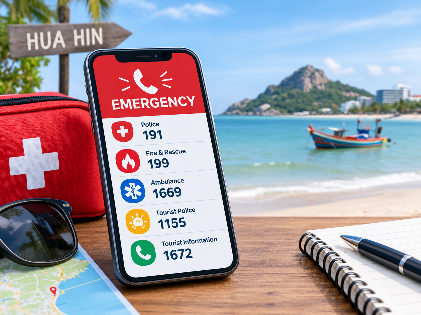 Téléphone affichant les numéros d'urgence utiles à Hua Hin