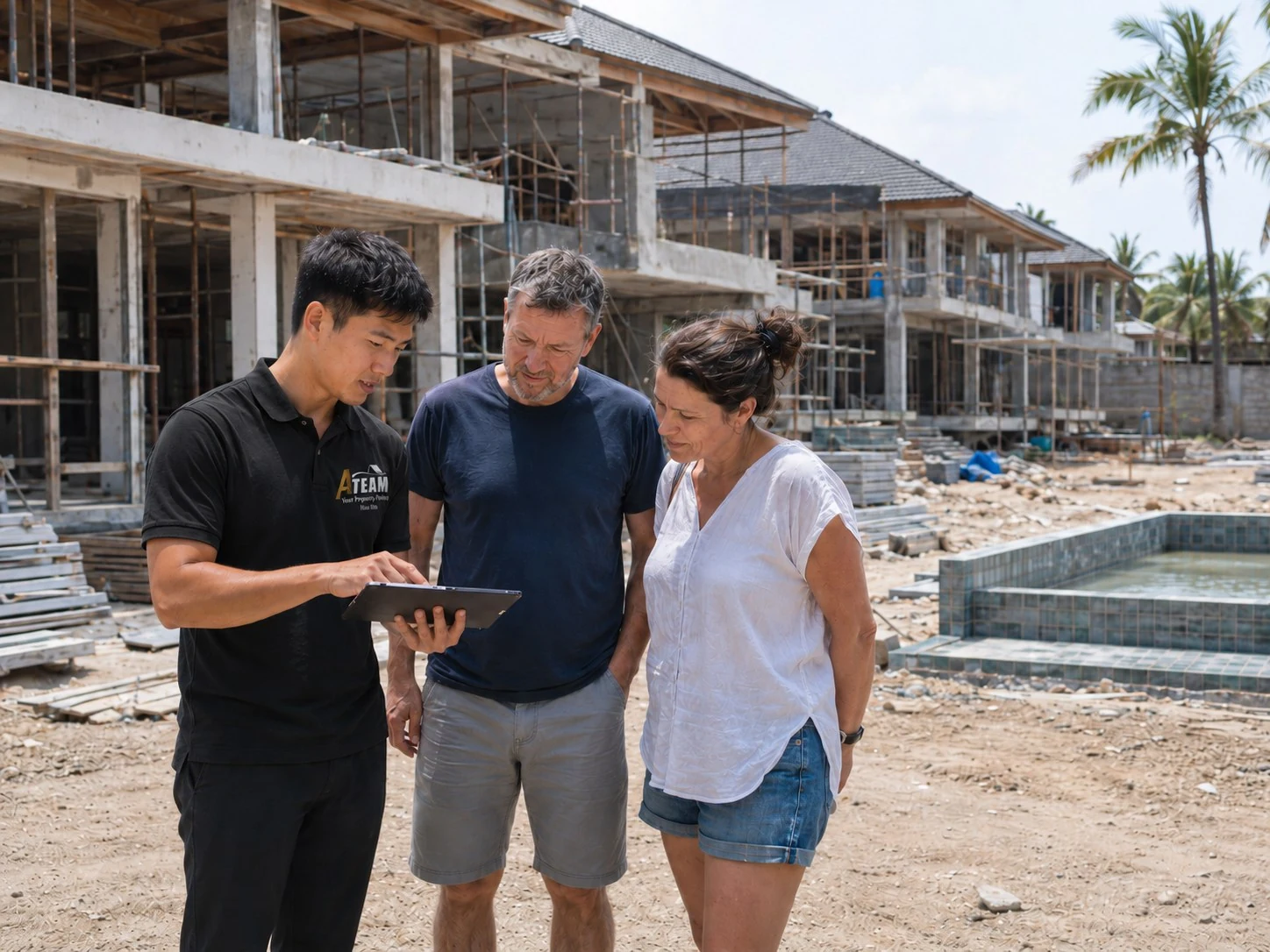 Conseiller A-Team présentant un chantier de villas à deux clients